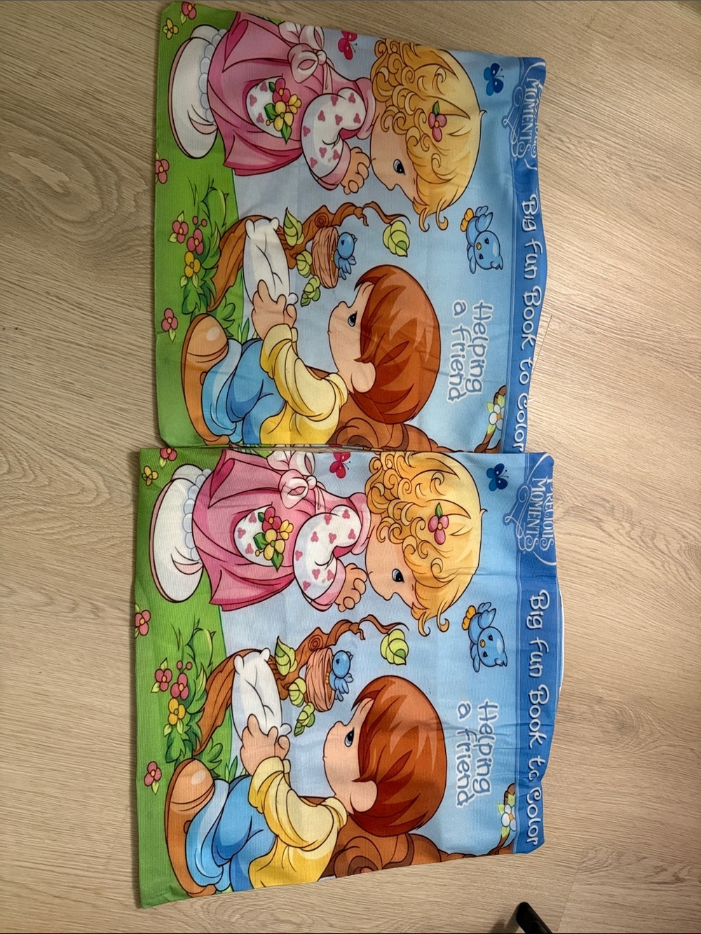 Precious Moments Blue Pink Green Kids Book Panel - Cute Children Illustration